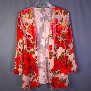 DejaVu Velvet Burnout Kimono Cardigan Size Medium Floral‎ Bell Sleeve